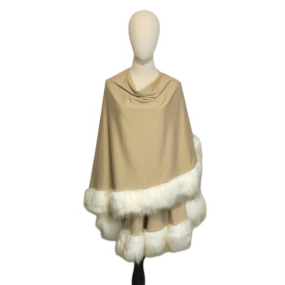 Donna Salyers Fabulous Furs Faux Fur Trim Tan Knit Open Cape Poncho Shawl OS - Picture 3 of 10